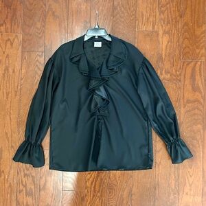 Vintage Laura Ashley Blouse Ruffles Bell Sleeve Shiny Black Party Dressy Shirt